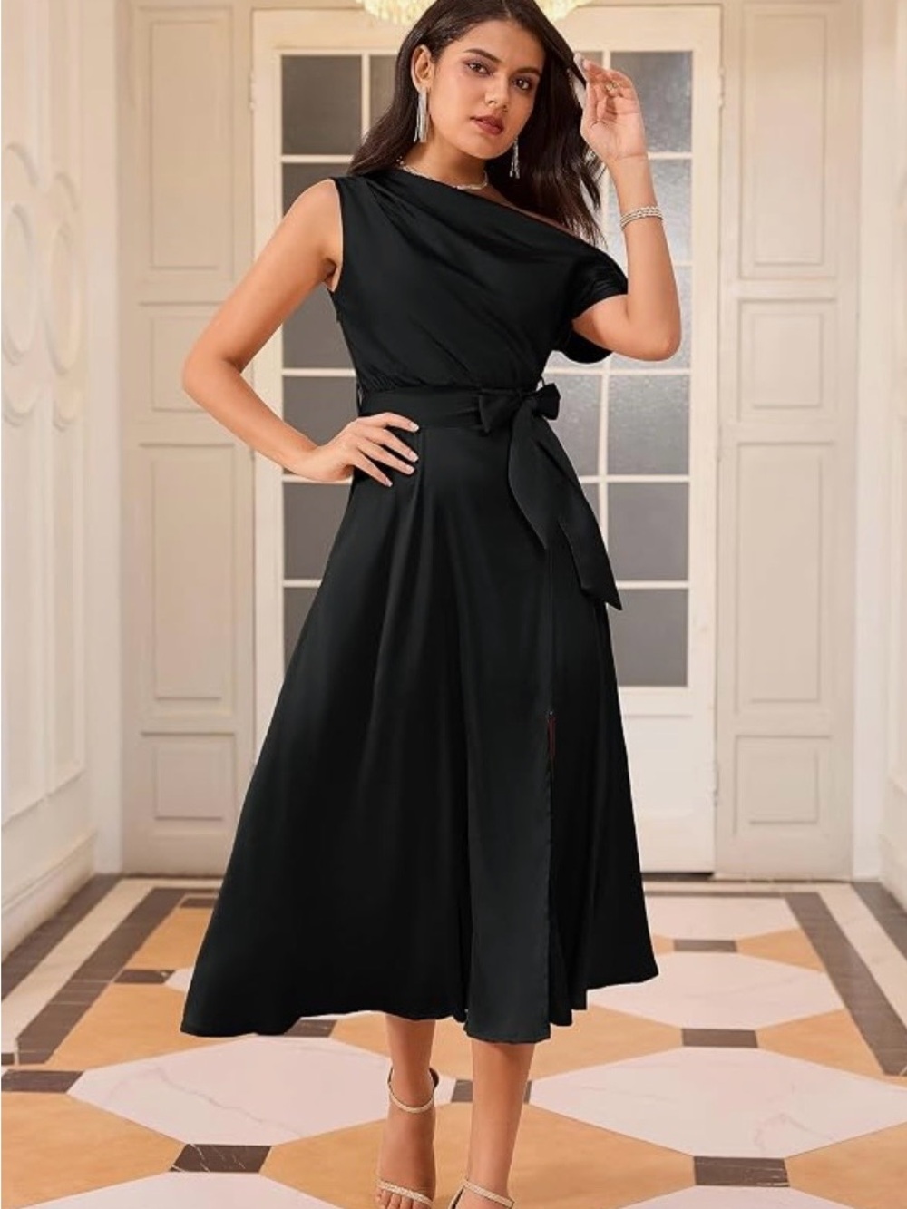 Grace Karin Black Satin Midi Dress with Waist Tie